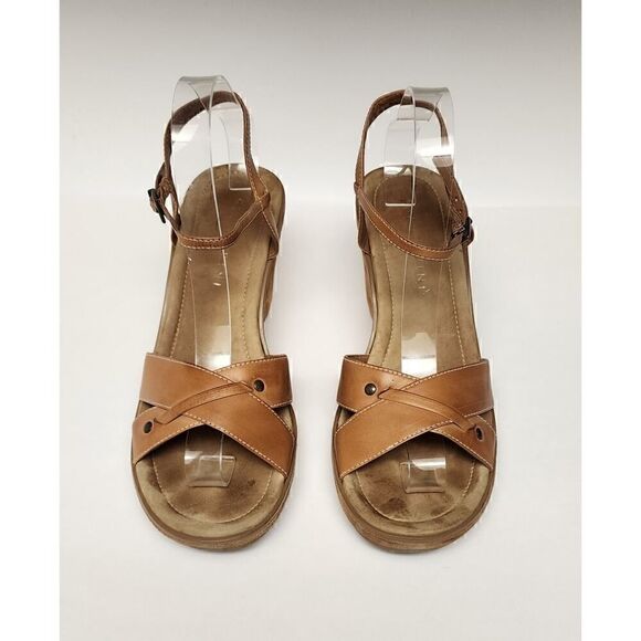 Gianni Bini Wedge Sandals Womens Brown Leather Strappy Slingback 10M - Picture 1 of 10